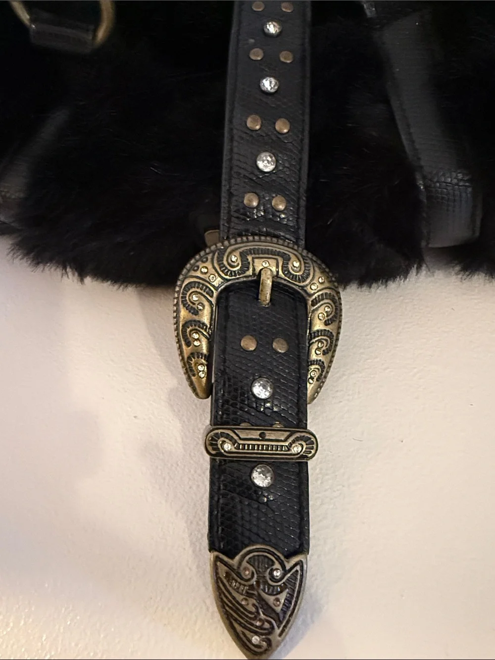 Black Faux Fur Top-Handle Satchel with Embellished Buckle